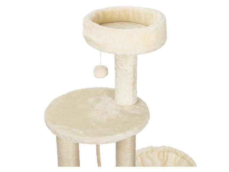 Arbre à chat beige avec plateformes en peluche et poteaux en sisal.