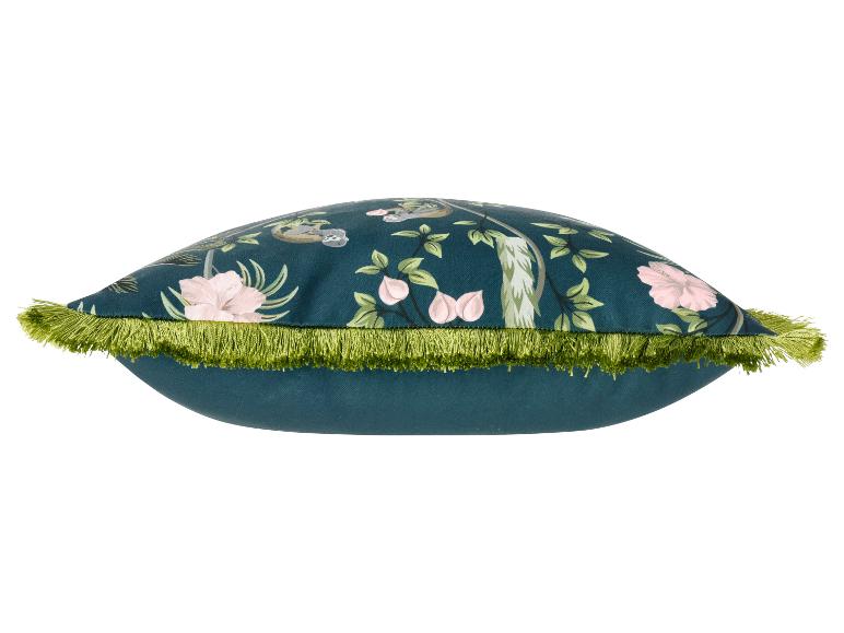Kussen met bloemen- en dierenpatroon en groene franjes
