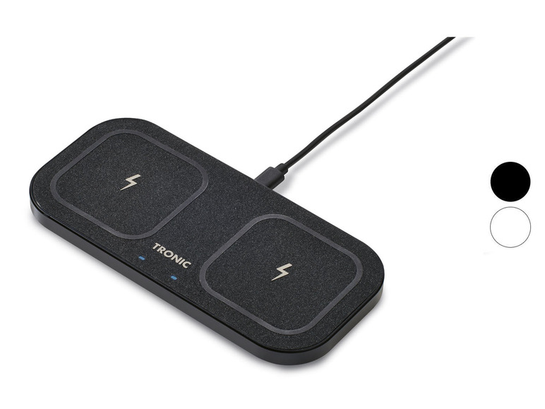 Een zwarte draadloze oplader van TRONIC voor twee apparaten.