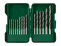 Een set van 12 boren in een groene opbergdoos.