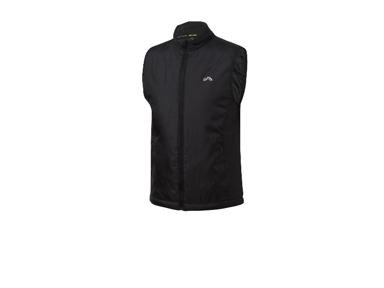 Gilet de course noir avec fermeture éclair et logo réfléchissant.