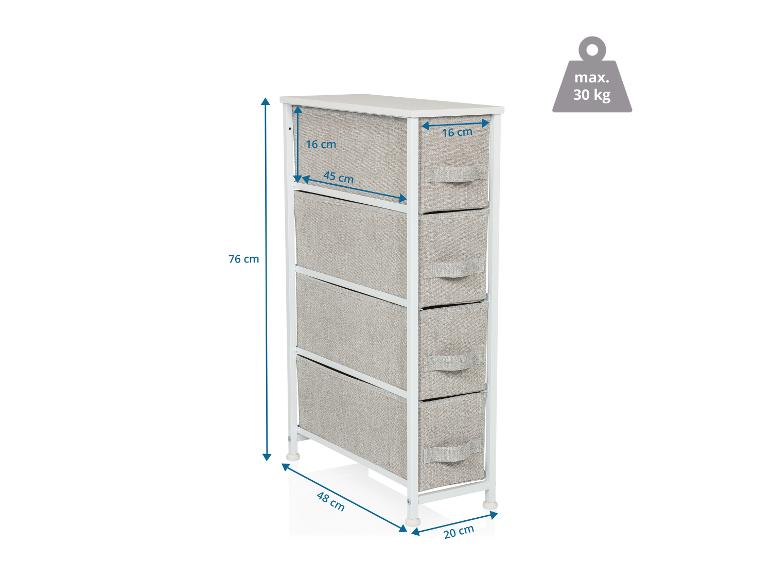 Meuble de rangement haut et étroit avec quatre tiroirs en tissu gris clair, dimensions 76x48x20 cm, charge max 30 kg.