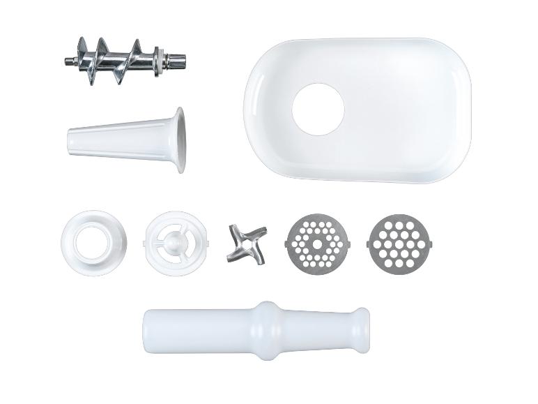 Vleesmolenonderdelen, inclusief vijzel, bakje, schijven en accessoires.