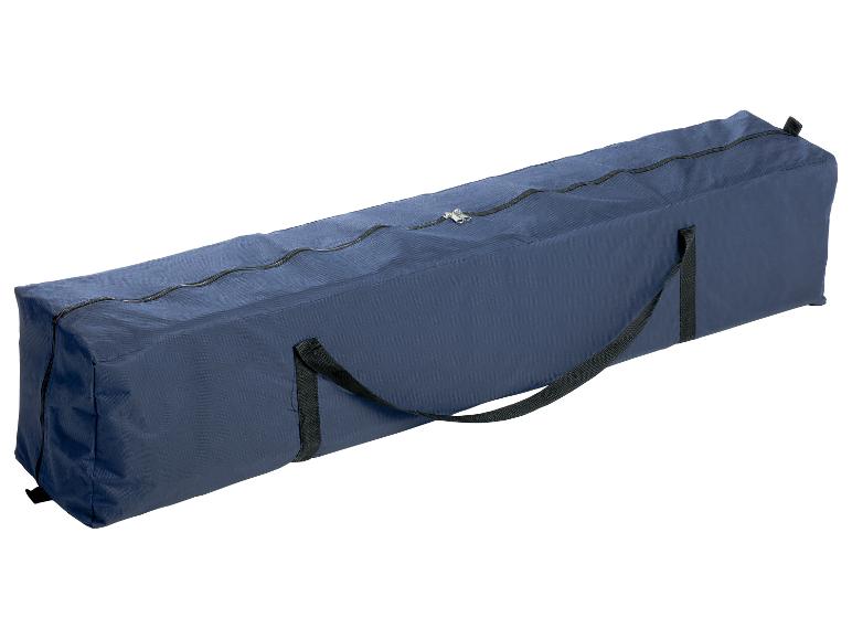 Een donkerblauwe draagtas met rits en handvatten.