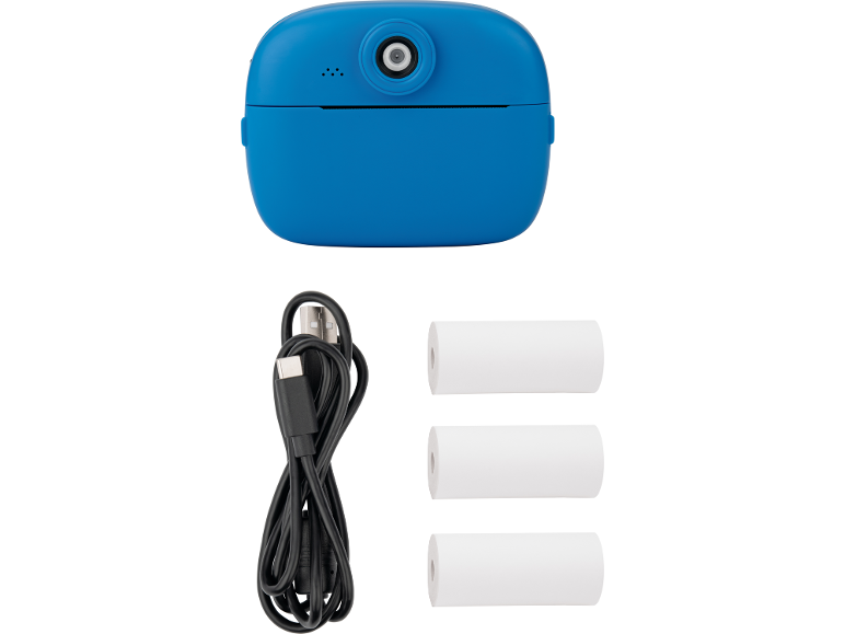 Appareil photo instantané bleu, câble USB et trois rouleaux de papier thermique.