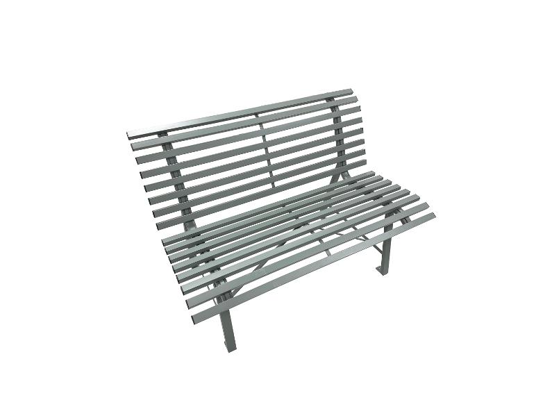 Grijze metalen bank met lattenzitting en rugleuning.