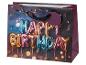 Sac cadeau d'anniversaire avec des ballons colorés formant « HAPPY BIRTHDAY » et des confettis.