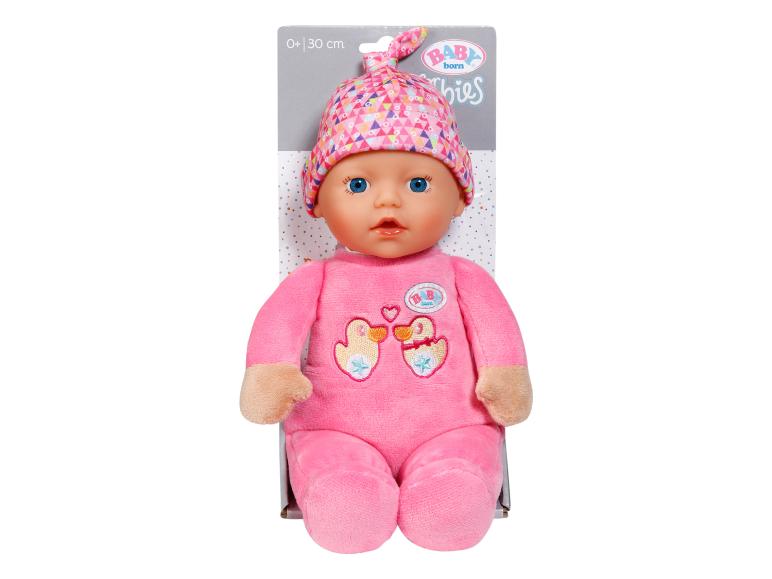 Baby Born pluche pop met een roze outfit en een mutsje.