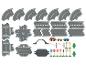 Speelset met wegdelen, voertuigen en houten verkeersborden.