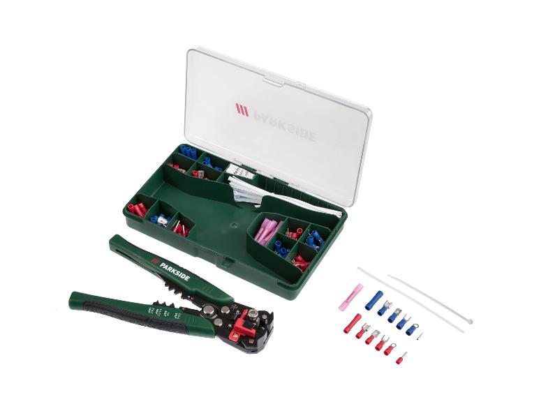 Kit de sertissage Parkside : pince, connecteurs et gaines thermorétractables.