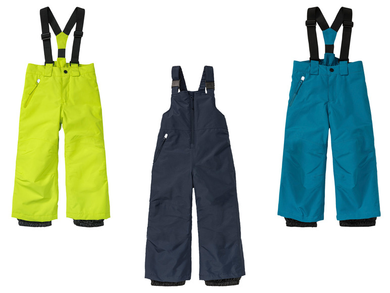 Trois paires de pantalons de ski avec bretelles de différentes couleurs.