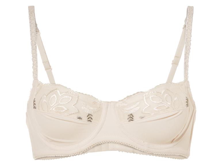 Un soutien-gorge beige avec de la dentelle et un motif floral.