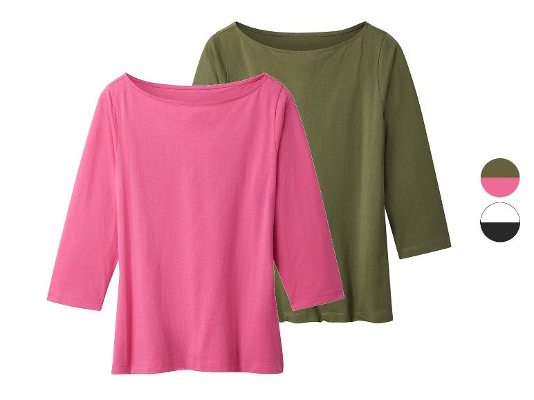 Deux hauts femme à col bateau, un rose et un vert olive, avec manches 3/4.