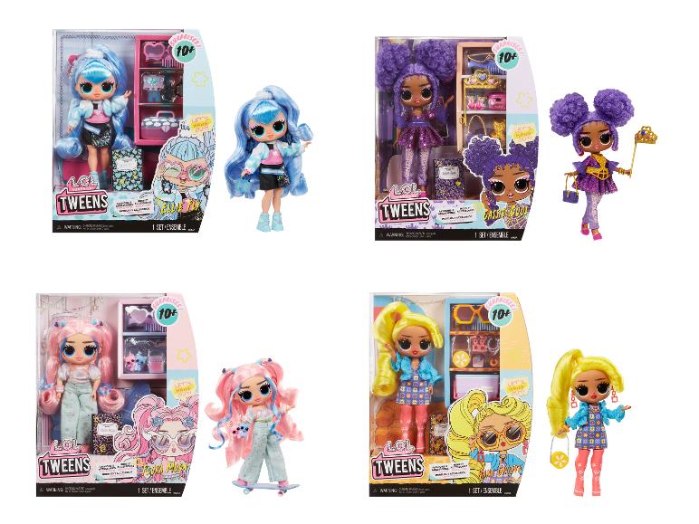Quatre poupées LOL Surprise! Tweens avec des accessoires, y compris Ellie Fly, Cassie Cool, Flora Moon et Lana Groove.