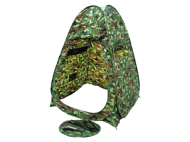 Een camouflage pop-up tent voor het kamperen.