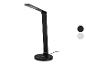 Lampe de bureau LED noire avec chargeur sans fil et deux échantillons de couleur.