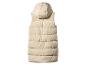 Beige lang mouwloos damespufferjack met capuchon.