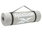 Opgerolde grijze yogamat met Reebok-logo en draagriem.