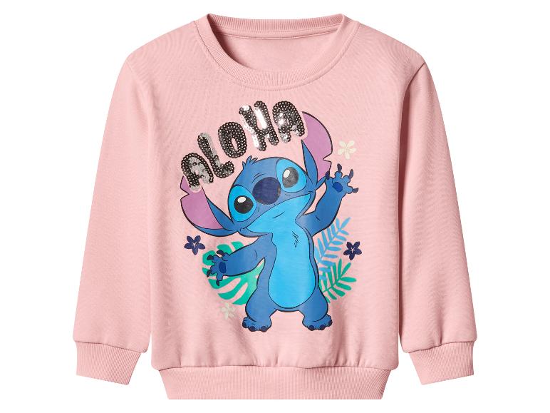 Roze kindertrui met Stitch-print en 'Aloha'-tekst met pailletten.