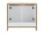 Meuble de salle de bain blanc avec portes ouvertes, montrant l'intérieur en aggloméré.