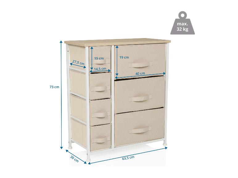 Ladekast met 8 stoffen lades in beige, afmetingen 73x63,5x30 cm, met een max. belasting van 32 kg.