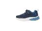 Chaussures de sport bleues pour enfants avec fermeture velcro et imprimé dinosaure.