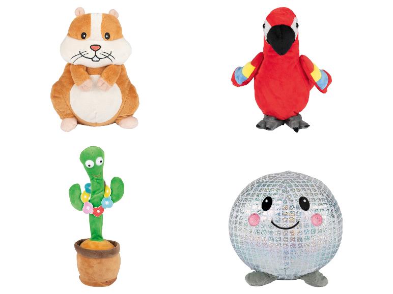 Vier pluchen speeltjes: een hamster, een papegaai, een cactus en een discobal.