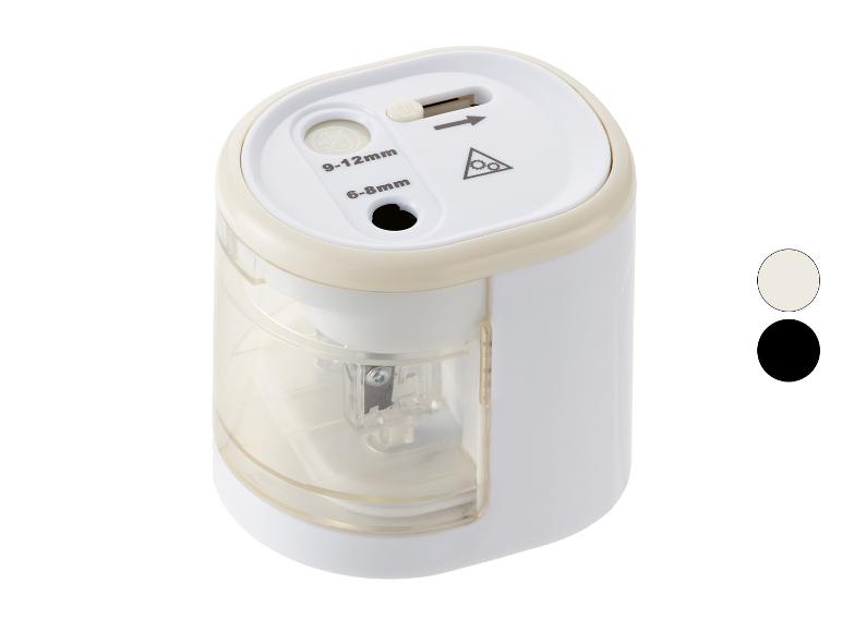Taille-crayon électrique blanc et beige avec deux ouvertures (6-8mm et 9-12mm).