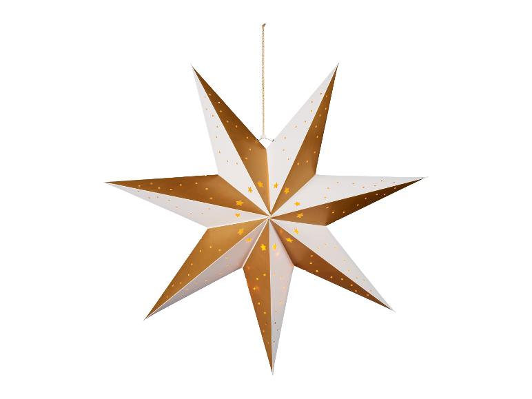 Étoile de Noël blanche et dorée avec lumières, suspendue.