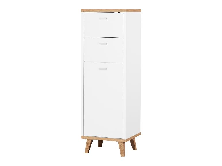 Armoire blanche avec deux tiroirs et une porte sur pieds en bois.