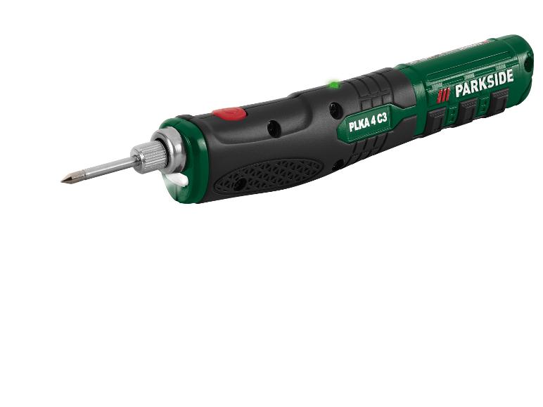 Groen-zwarte draadloze soldeerbout met metalen punt en LED-licht, met tekst 'PLKA 4 C3'.