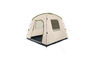 Een beige Rocktrail tent met groene accenten en een raam.