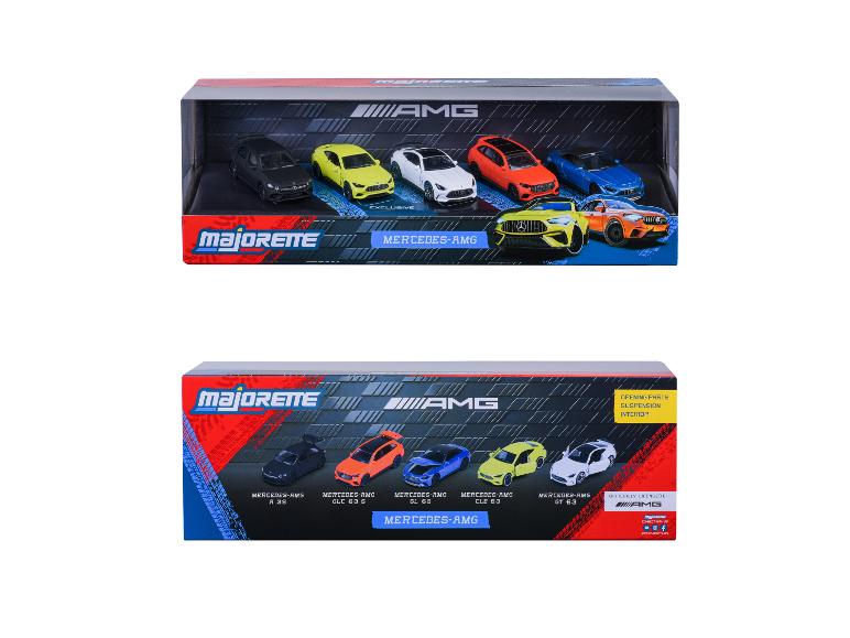 Majorette Mercedes-AMG speelgoedautoset, met 6 verschillende modellen.
