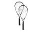 Deux raquettes de squash noires et grises avec des cordes blanches.