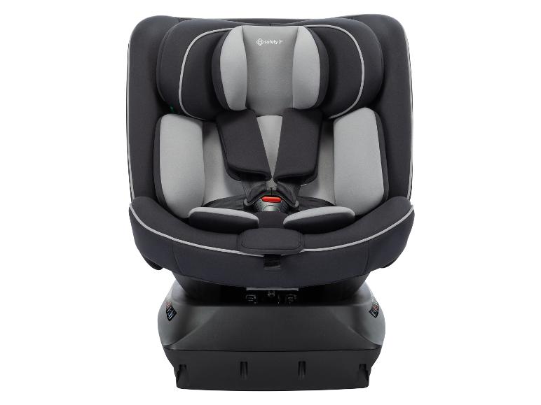 Baby autostoel in grijs- en zwarttinten met veiligheidsharnas.