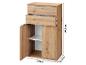 Meuble effet bois clair avec deux tiroirs et une armoire avec étagère réglable, dimensions 94.8x57.6x32.9cm.