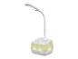 Lampe de bureau blanche avec support de téléphone intégré.