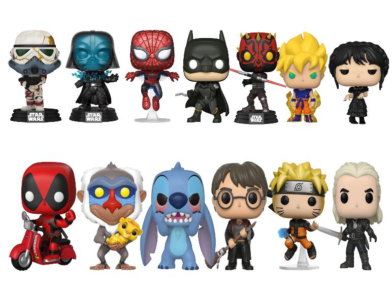 Une collection de figurines Funko Pop! avec des personnages de Star Wars, Marvel, DC, Disney et autres franchises.