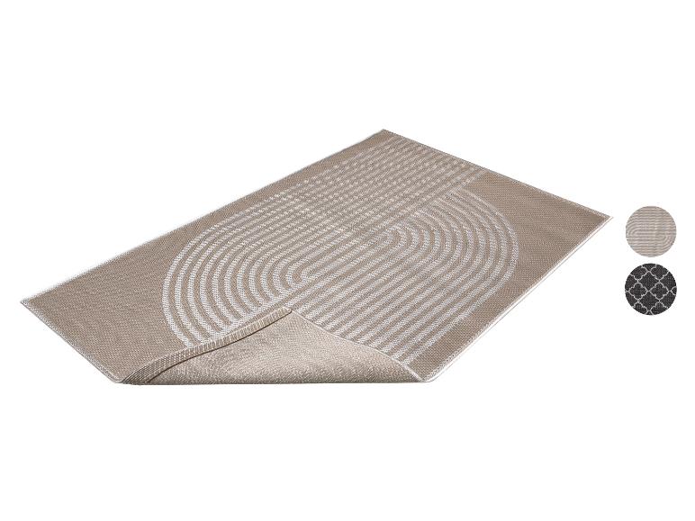 Beige vloerkleed met een geometrisch streep- en cirkelpatroon, met extra patroonstalen.