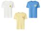 Drie T-shirts met korte mouwen: wit met een citroen, geel met 'Ciao Bella' en blauw met 'Cin Cin'.
