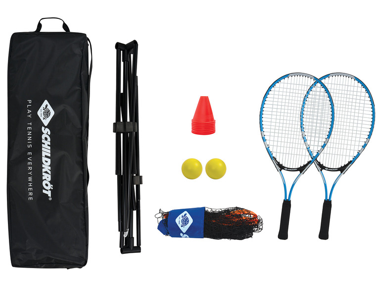 Een Schildkröt tennisset met twee rackets, een net, ballen en kegels.