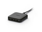 Een zwarte TRONIC oplader met vier poorten en een USB-C kabel.