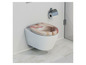 Een toilet met een houten en roze bloemen toiletbril.