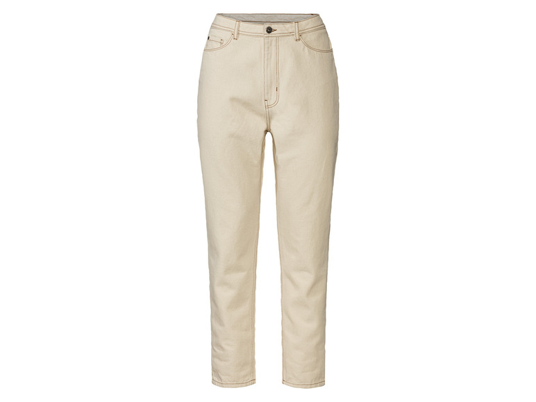 Beige spijkerbroek met contrasterende stiksels.