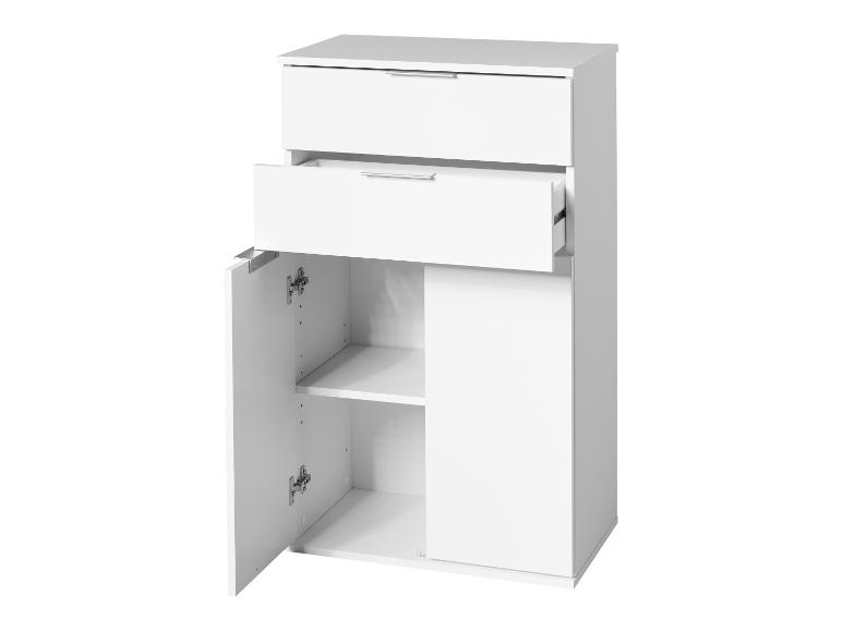Armoire blanche avec deux tiroirs et une porte ouverte.