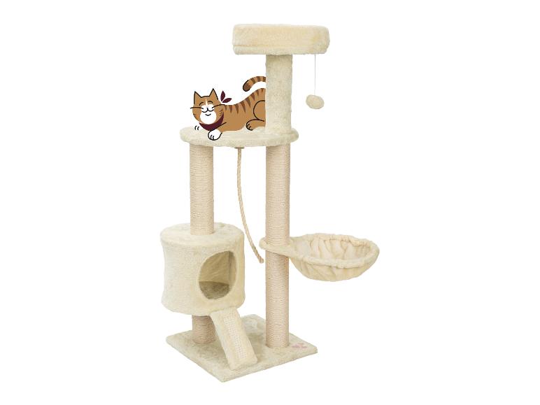 Arbre à chat crème avec plusieurs niveaux, poteaux à griffer, une niche et un jouet suspendu, avec un chat illustré au sommet.