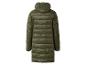 Vue arrière d'un long manteau doudoune vert olive avec capuche.
