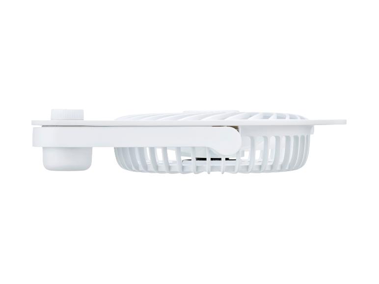 Ventilateur portable blanc à clip, vue latérale.