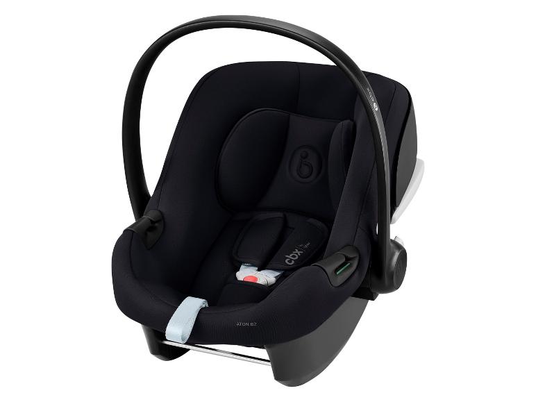Zwart babyautostoeltje met draagbeugel en veiligheidsgordels