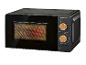 Zwarte magnetron met bedieningspaneel en hout-effect knoppen.
